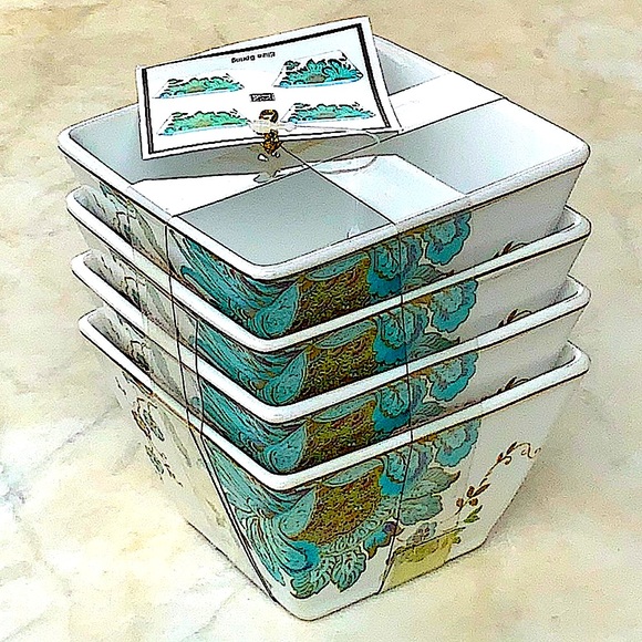 222 FIFTH ELIZA-SPRING TURQUOISE APPETIZER BOWL PORCELAIN SET OF 4 GOLD RIM NEW - Picture 7 of 12